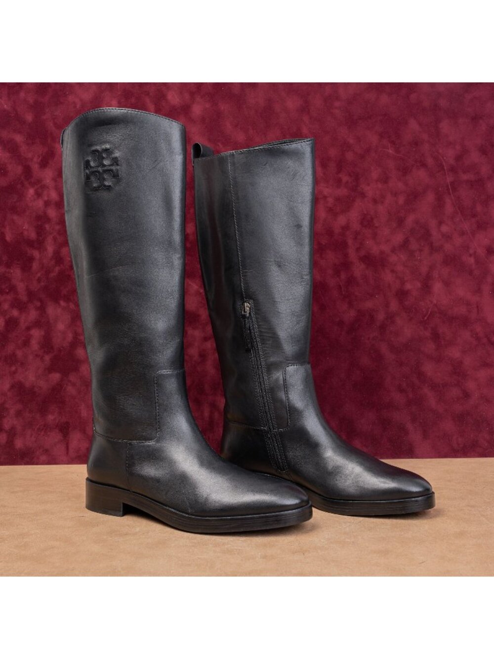 Tory Burch Women Black Leather Classic Equestrian Riding Logo Knee Boots sz 10